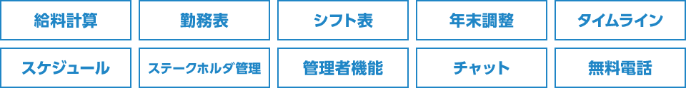 給料計算、勤務表、シフト表、年末調整、タイムライン、スケジュール、ステークホルダ管理、管理者機能、チャット、無料電話